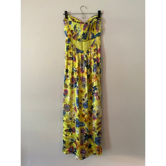 Anthropologie Strapless Midi Dress Floral Silk Blend Yellow Blue Pink Small - Picture 7 of 10